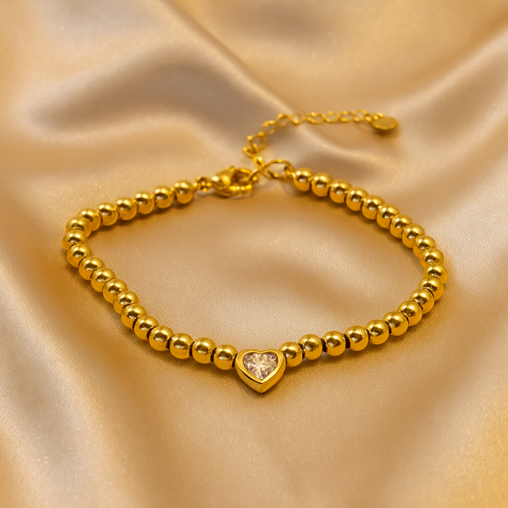 Heart CZ Beaded Bracelet — 18K Gold Plated