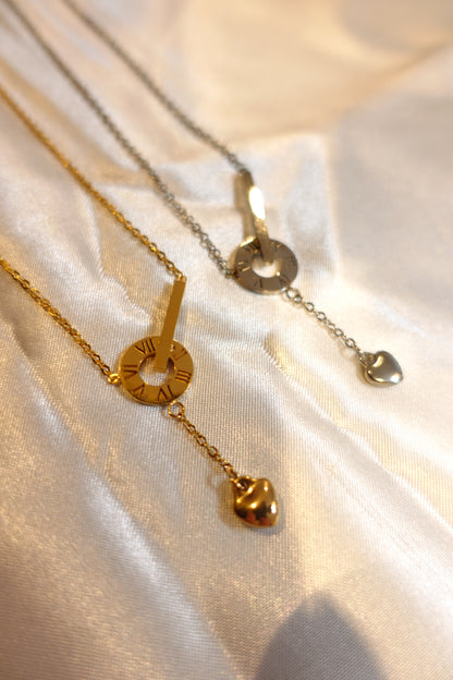 Roman Numeral Heart Drop Necklace — 18K Gold Plated