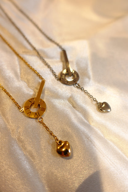 Roman Numeral Heart Drop Necklace — 18K Gold Plated